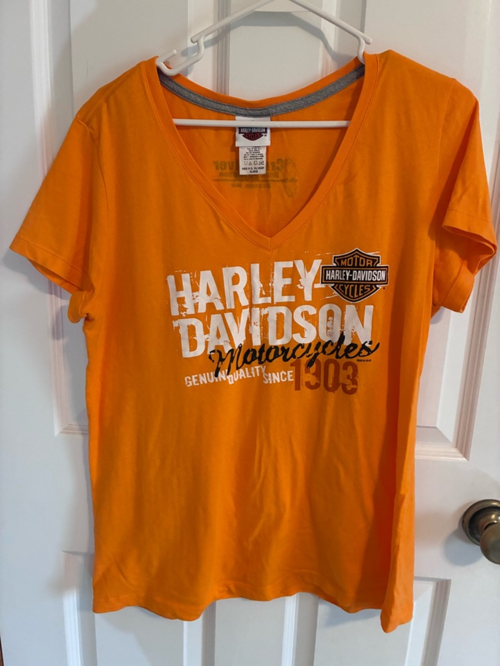 Harley-Davidson Orange V-neck Tee with Gray Trim